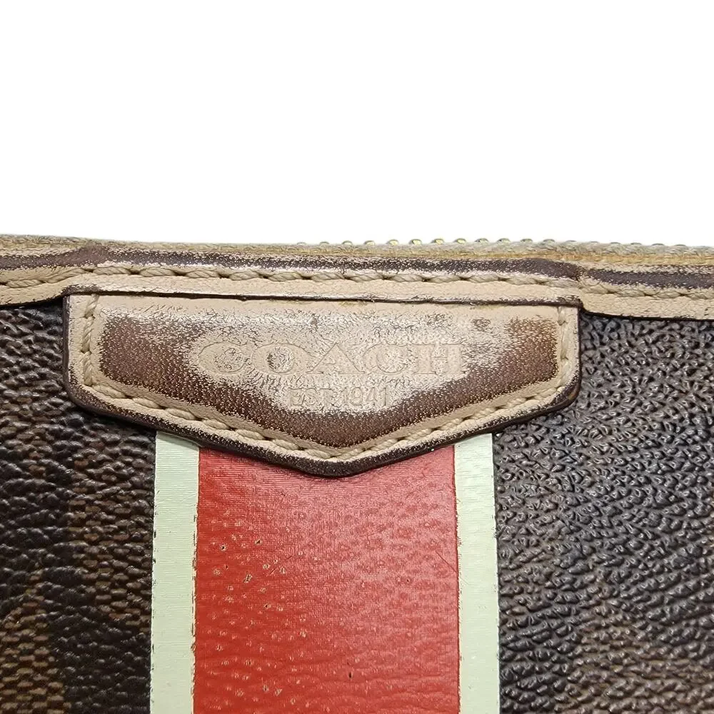 Coach Signature Zip Around Long Wallet Heritage Stripe Brown Red Canvas